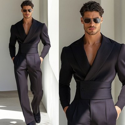 Men Suits with Belt Single Breasted Peak Lapel Regular Fit Wedding Groom Prom