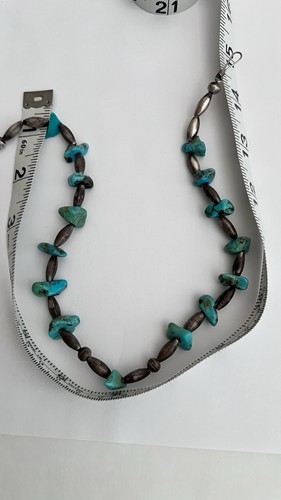 Vintage Silver Bead and Chunky Turquoise Necklace 14” with Hook & Eye