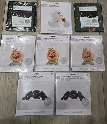 Halloween Foil Balloons 1 Ghost 2 Bat 3 Pumpkin + 2 Tablecovers 54x84'' Lot Of 8