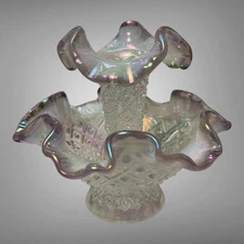 Fenton Diamond Lace Mini Epergne in French Opalescent with Iridized Violet Crest