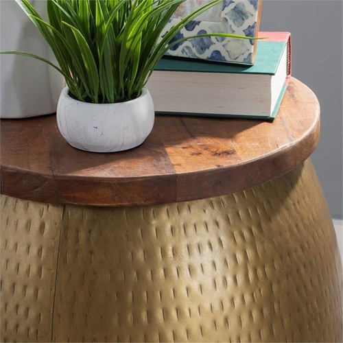 Home Square Metal and Wood Drum Side Table with Storage in Gold - Set of 2 - Picture 9 of 11