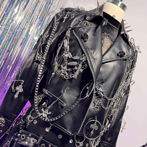 Grunge Y2K Vegan Leather Jacket Gothic Chain Punk Rock Studded Pin Goth - Picture 15 of 19