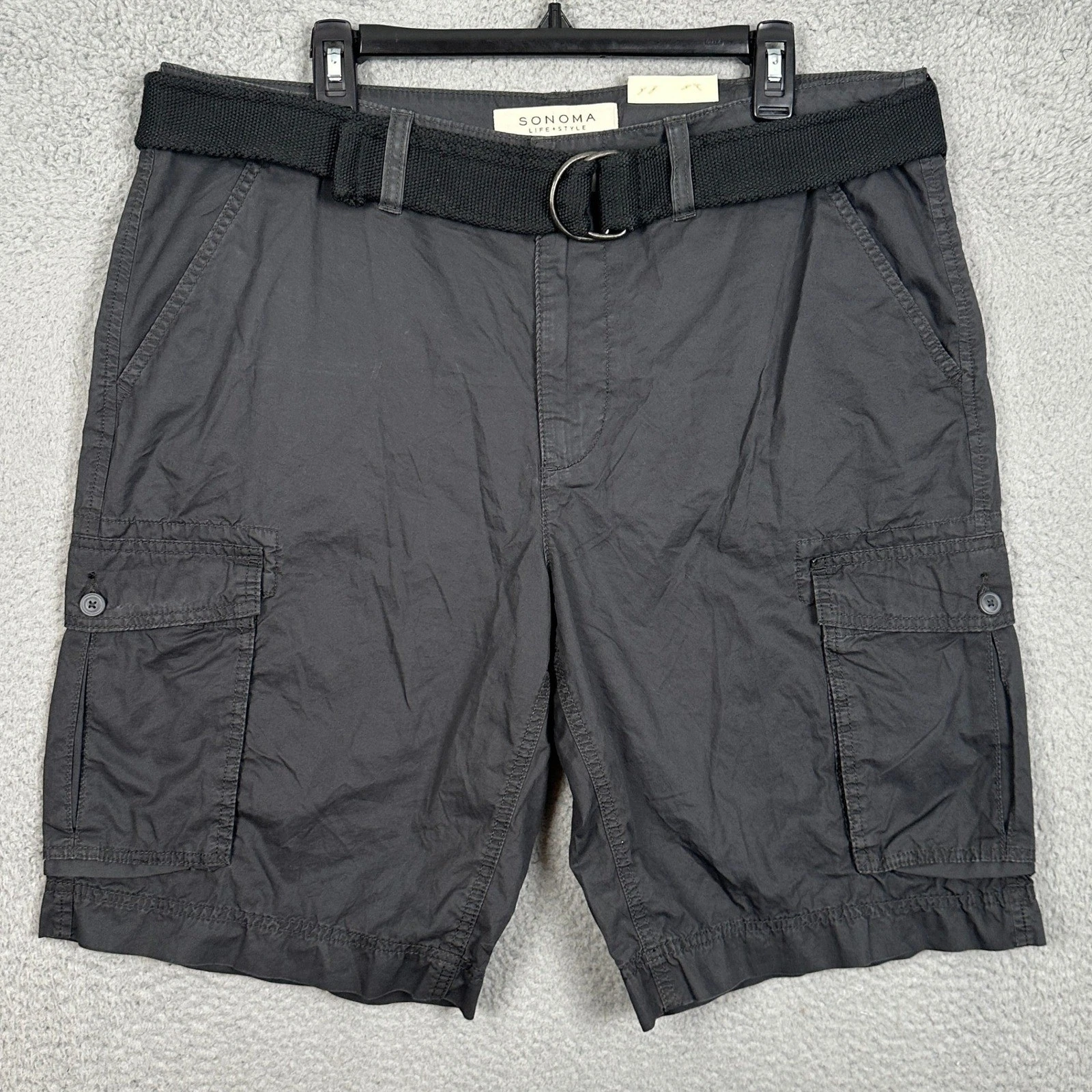 NEW Sonoma Shorts Mens 38 Gray Cargo Belted Utility Flap Pocket Hiking Outdoor