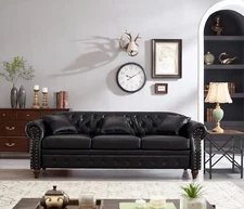 85.8" Tufted Leather Chesterfield Sofa 3 Seater Sofa with Storage Blcak