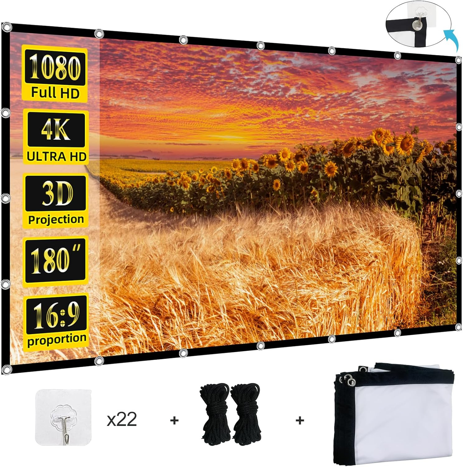 Projector Screen 180 Inch,  Large 4K HD 16:9 Foldable Portable Projection Cinema