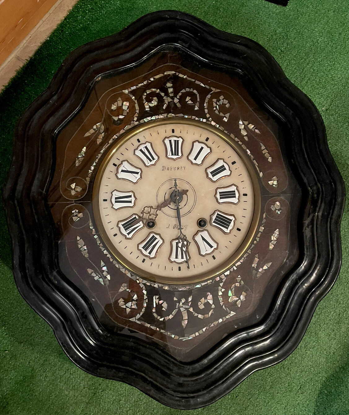 Antique French Baker’s Wall Clock With Mother Of Pearl Inlay Morez