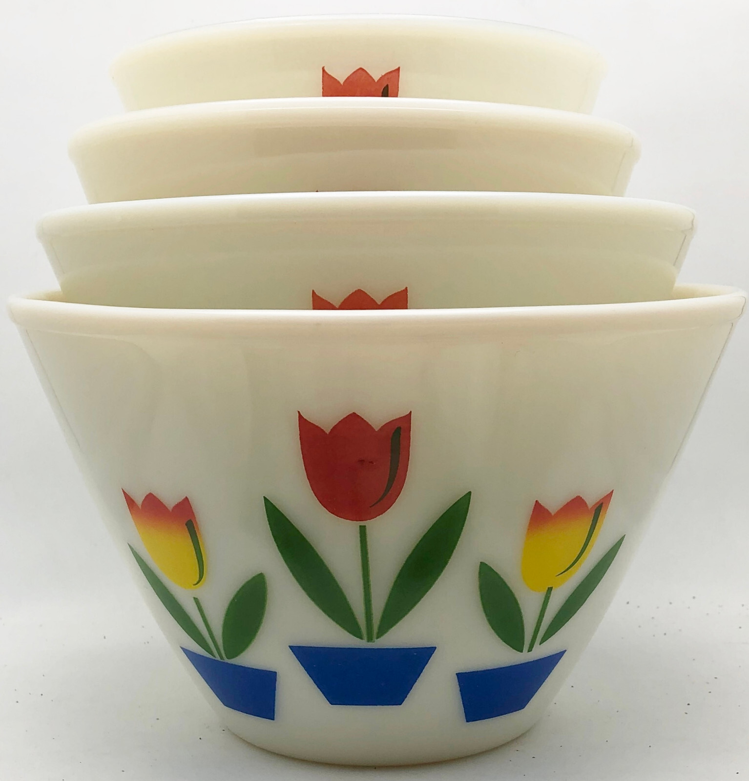 Fire King Tulip Mixing Bowl Set 4 Nesting IVORY Milk Glass Red Yellow