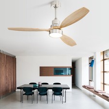 52IN Nickel Solid Wood Blades Ceiling Fan with Dimmable LED Light/Quiet DC US
