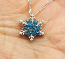 Sterling Silver Plated Ocean Blue Crystal Snowflake Pendant Necklace
