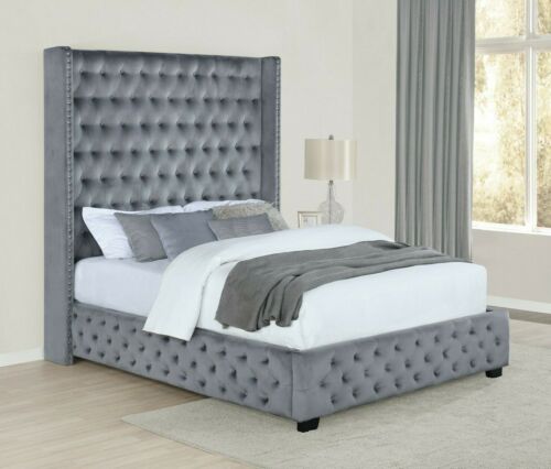 Modern Upholstered Tufted Bed Tall, Gray Tufted Velvet Headboard Queen Size
