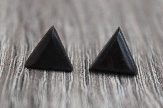 Post Earrings Titanium Wood Ebony Round Triangle Hexagon Unisex Men Women Pair - Image 4 of 4