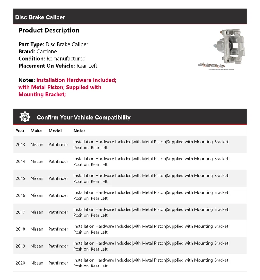 Штангенциркуль дискового тормоза задний левый Cardone для Nissan Pathfinder 2013-2020 годов выпуска 2014 2015 годов выпуска - Изображение 2 из 4