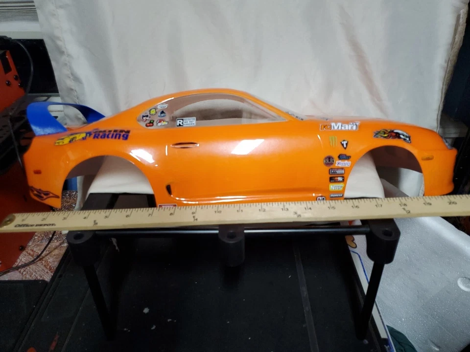 1995 Toyota Supra Painted Orange RC Body 1/10 WB 333mm/22S/DR10/Slash/Drag Used  - Image 2 of 4