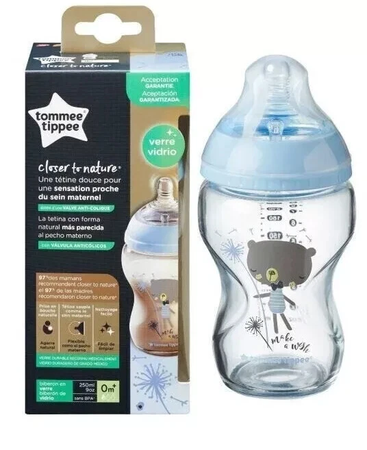 TOMMEE TIPPEE BABY BOTTLE GLASS 250ML CLOSER TO NATURE Blue 0M+ ANTI COLIC VALVE