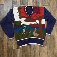 Vintage 80s Par Four Retro Graphic Golf Scene V Neck Dad Sweater Mens XL Flaw