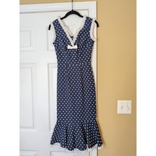 Stop Staring! Polka Dot Lace Trim Wiggle Dress Size Small Navy Retro Pin-up Midi
