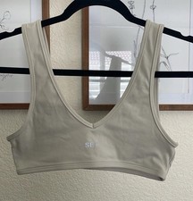 SET Women s Beige Solid Pullover Wireless Sports Bra Full Coverage Wide Strap XS
