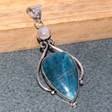 Long Blue Apatite Rainbow Moonstone 925 Silver Plated Pendant 2.5