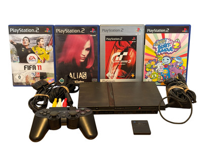 Sony PlayStation 2 PS2 Slim Schwarz SCPH-70004 Konsole 4 Spiele Controller