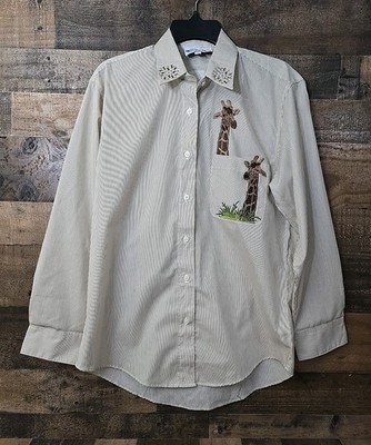 Las Olas Top Women Small Button-Up Safari Giraffe Grannycore Cabin Travel Boho