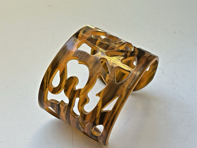 Vintage Chunky Wide Faux Tortoise Shell Open Work Cuff Bracelet ''carved'' design
