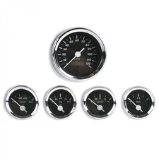 5 Gauge Set SAE American Classic Black, White Vintage Needles, Chrome Rings