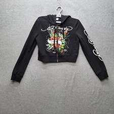 Ed Hardy Women Hoodie L Black Graphic Print Fleece Tattoo Love Cropped