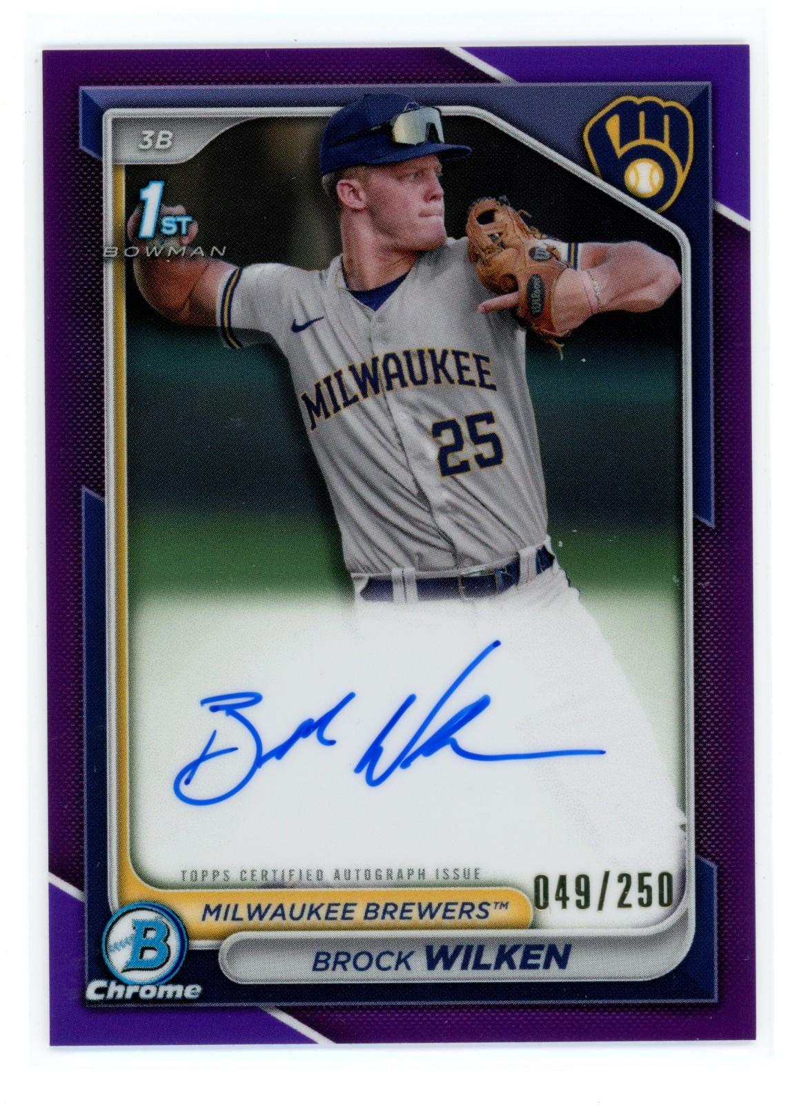 2024 1st Bowman Brock Wilken Auto Chrome /250 Purple Refractor RC Brewers