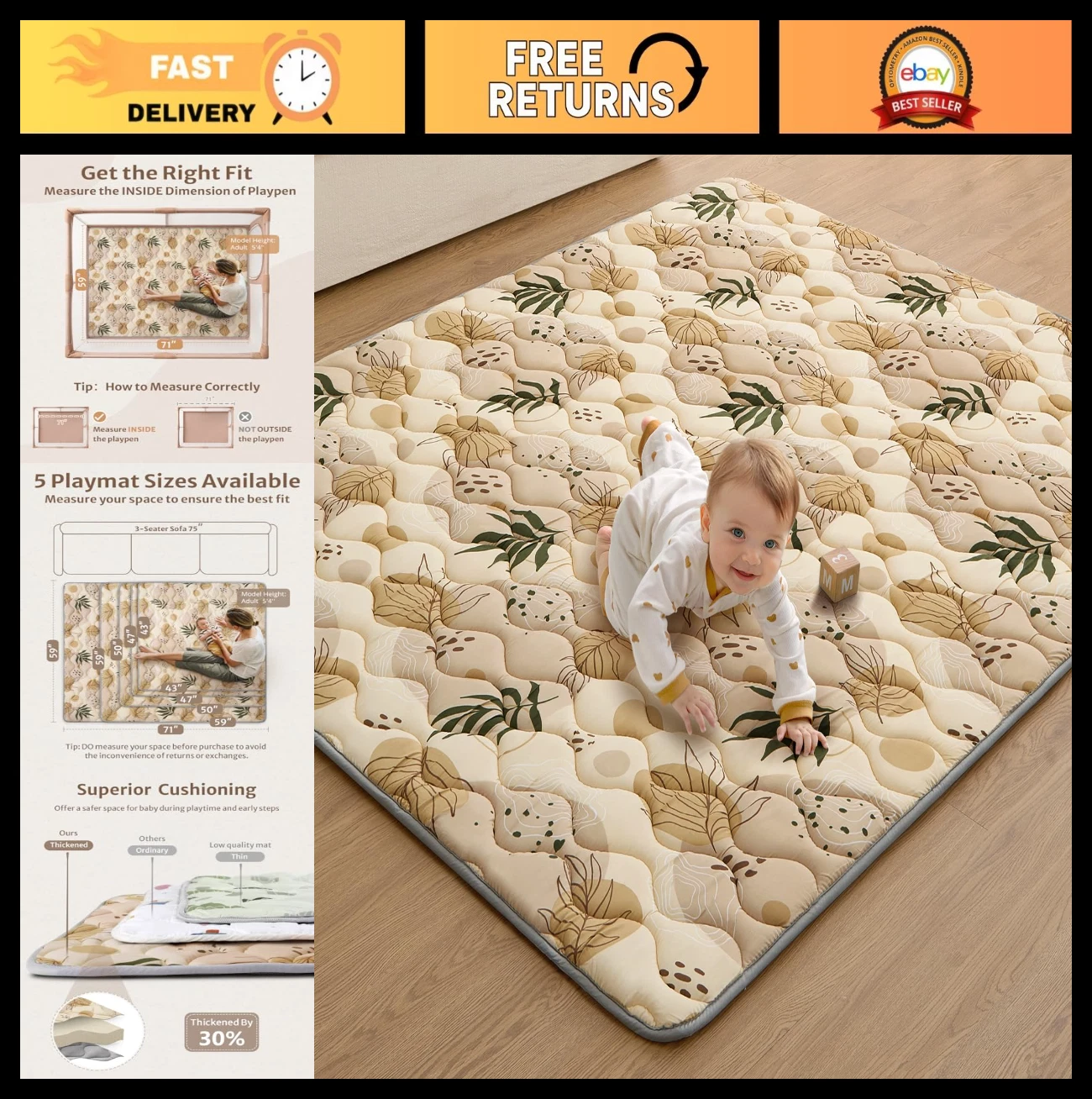 Extra Thick Baby Play Mat 71x59 Inch - Soft Foam Cushioning, Washable, Foldable,