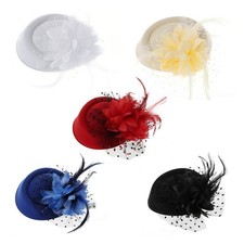 Women Fascinator Hat 20s 50s Feather Pillbox Hat Wedding Teas Party Mesh Veil