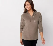 Denim Co Comfrt Zone Dream Fleece Hdd V-Neck Top Pockets-Olive Stone-Med-A460278