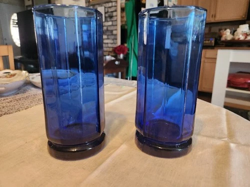 Set Of 2 Vintage Anchor Hocking Essex Cobalt Blue 10 Panel 16 oz Tall Tumblers