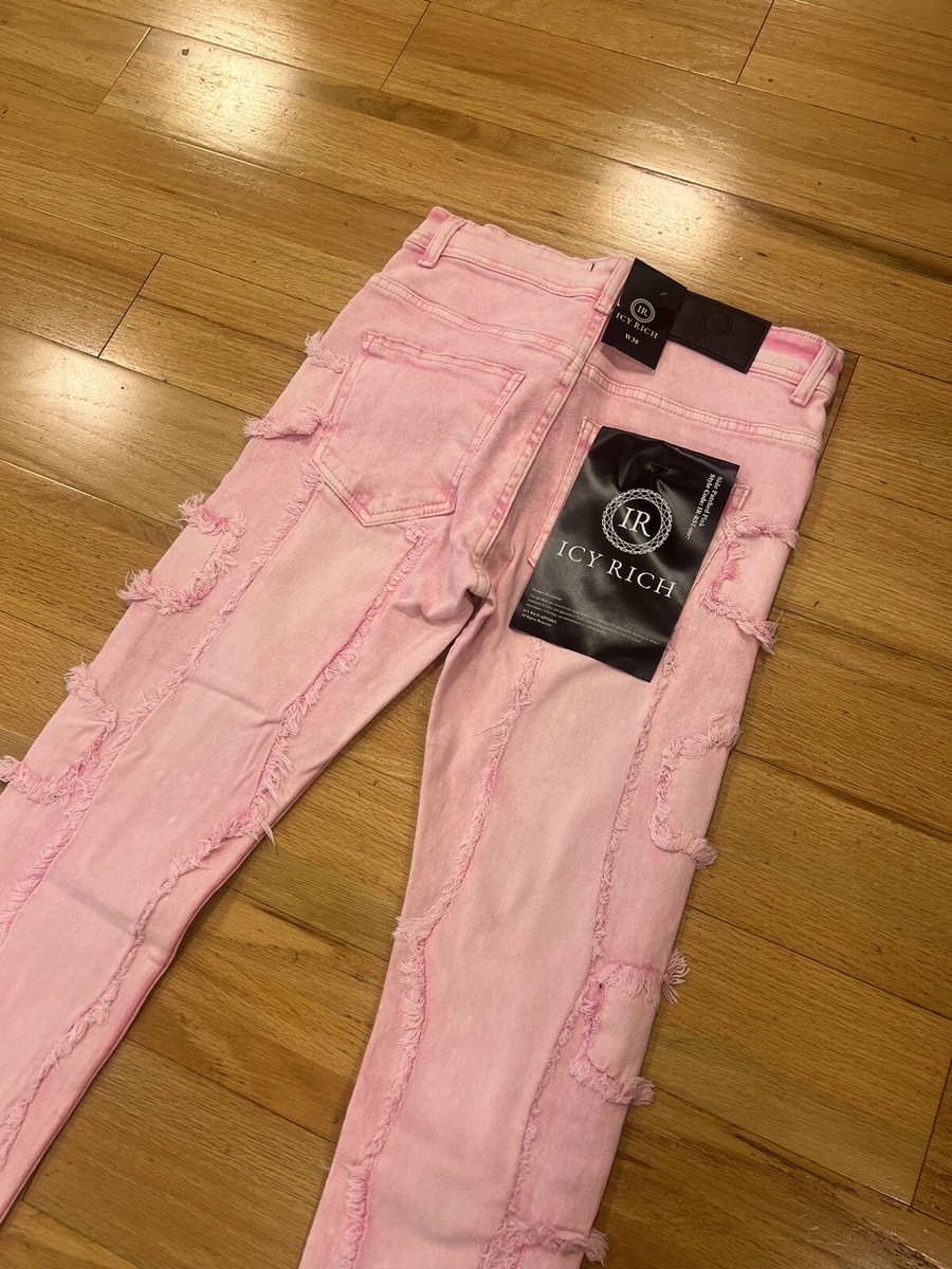 Pink Side Stripes Skinny Jeans Acids Washed Denim Men Pants Size