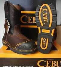 Cebu Mens Leather Steel Toe Work Boots Slip Oil Resistant Brown Rodeo Farmer