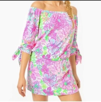 Lilly Pulitzer Lana Skort Romper Size SMALL Pink Paradise Found Off Shoulder NWT
