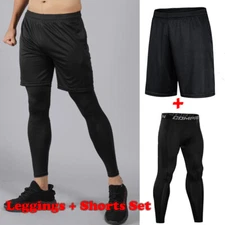 Men's Compression Tight Leggings + Sports Shorts Gym Running Pants Workout Set