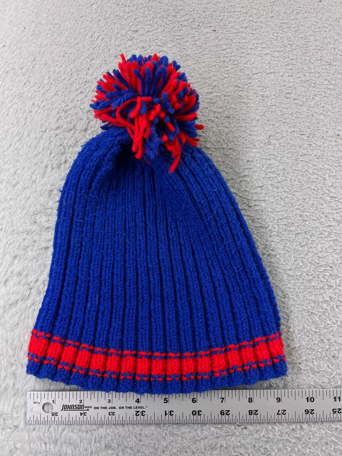 Adult Blue Red Knit Beanie with Pom for Snow Ski One Size Polyester Blend