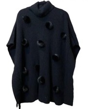 Kate Spade Ladys Black Faux Fur Pom Pom Ponco,si Onesize,used