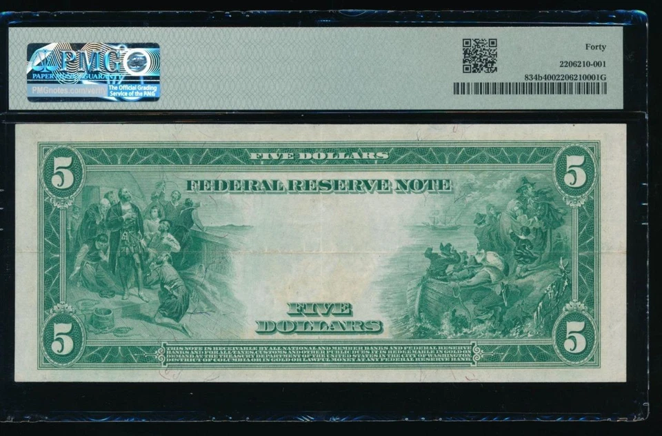 AC Fr 834b 1914 $5 Philadelphia FRN red seal PMG 40 - Image 2 of 2