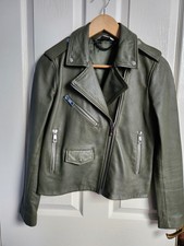 Whistles Agnes Pocket Khaki Leather Biker Jacket Coat Uk 8