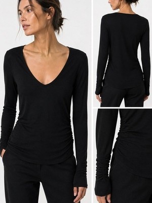 James Perse Black V Neck Ruched Tee Long Sleeve Excellent USA  Size 3 / L