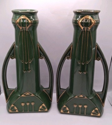 Einzigartiges Eichwald Doppelgriffvasen Paar Jugendstil Wechsel zu Art Déco 