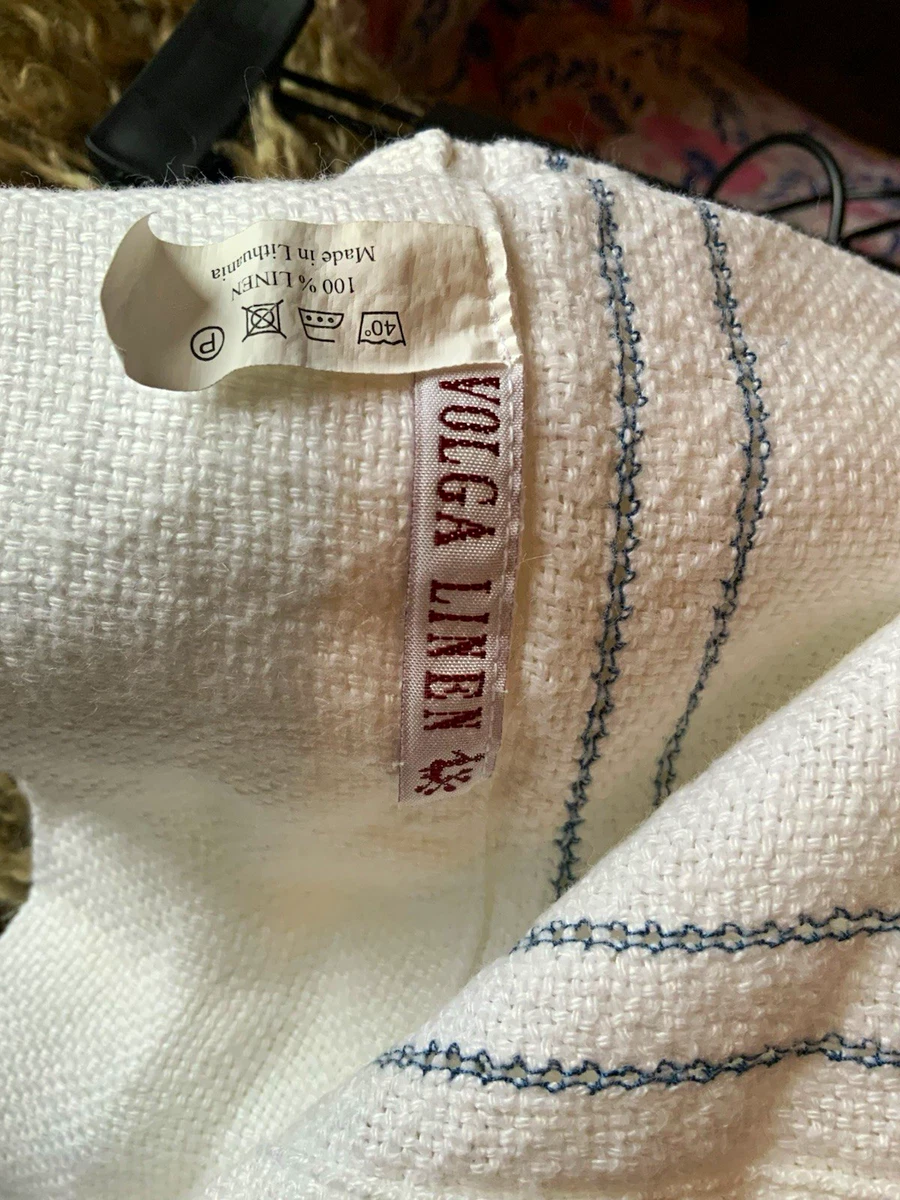 VOLGA LINEN 100% Linen Sofa Throw White/Blue Stitching Rectangle