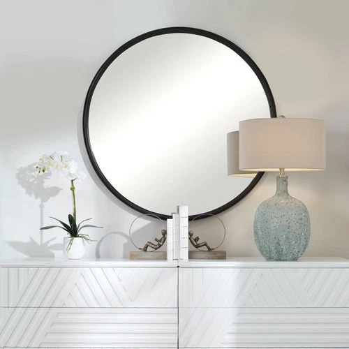 Round Vanity Wall Mirror Modern Black Gray Iron Frame 44" Wide Bathroom Bedroom - Picture 3 of 7