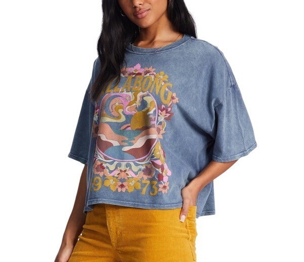 BILLABONG Feeling Free Oversized Blue Hand-Dyed 1973 Graphic Crop Tee Size L Cotton