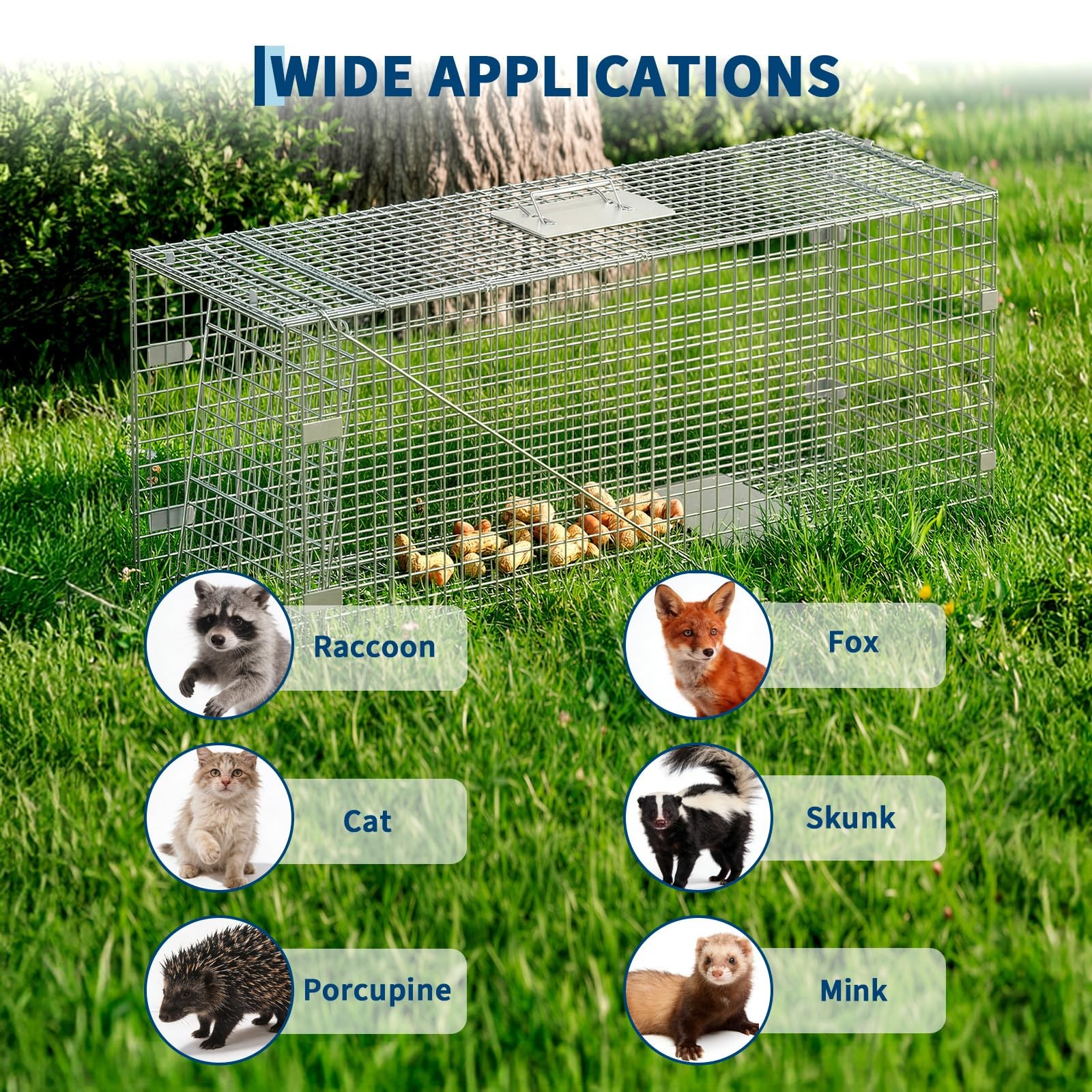 46" Humane Live Animal Trap Cage Foldable Steel w/Carry Handle Sensitive Trigger - second product detail image