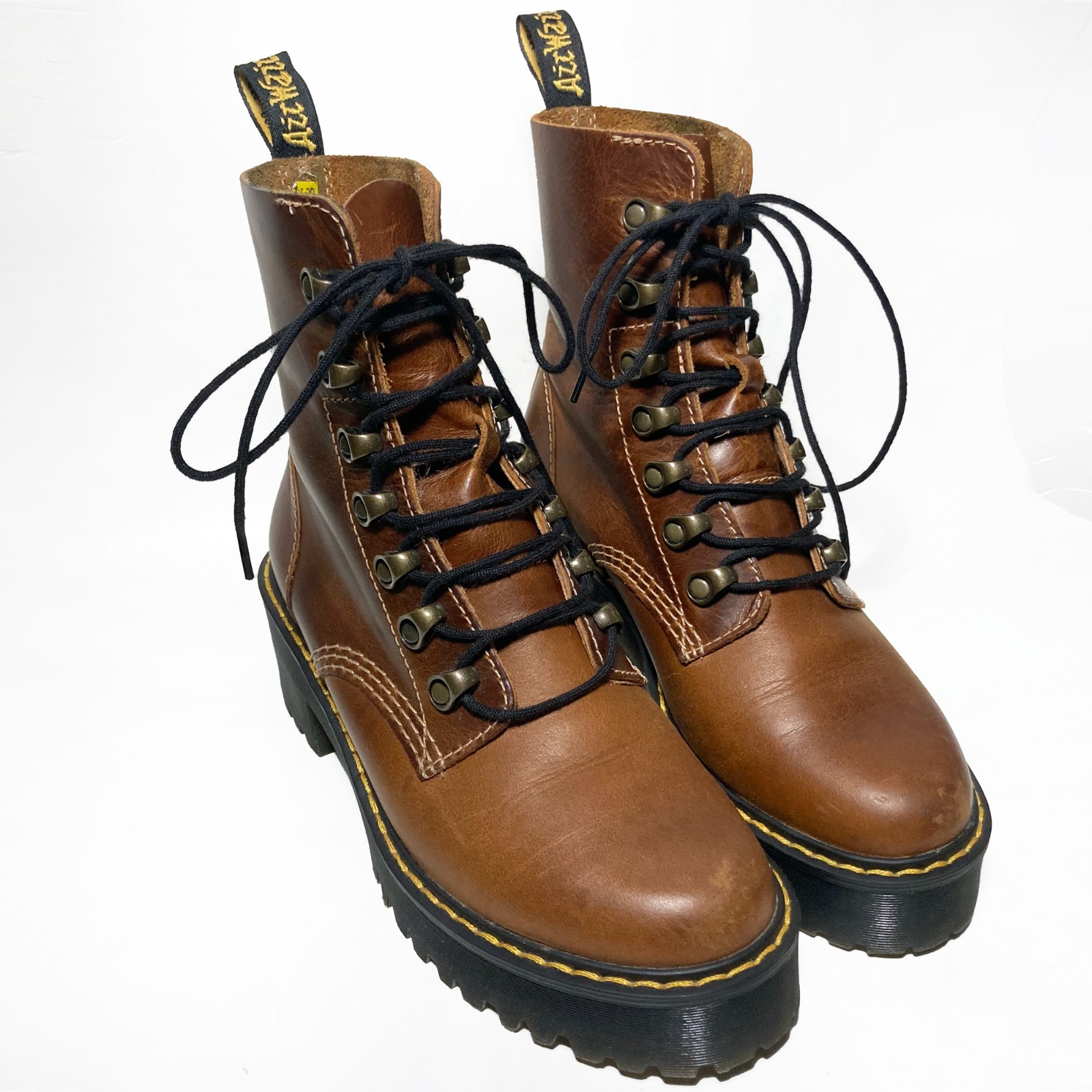 Doc Martens Leona Platform Boots Butterscotch Brown Leather US 6 EU 37 Lace Up