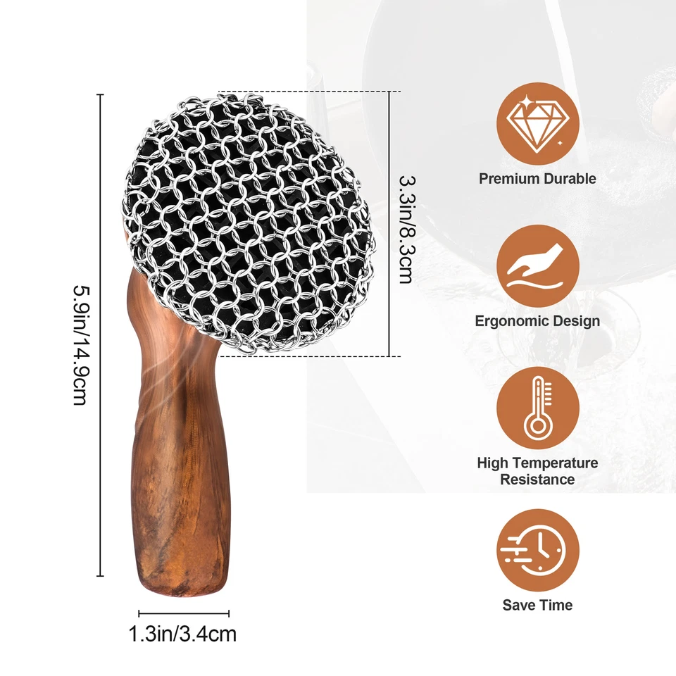 Limpiador de hierro fundido, fregador de cota de malla de acero inoxidable para sartén parrilla sartén Foto 4 de 4