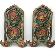 Elephants and Flowers Wood Relief Wall Panels Sculpture Pair made in Thailand