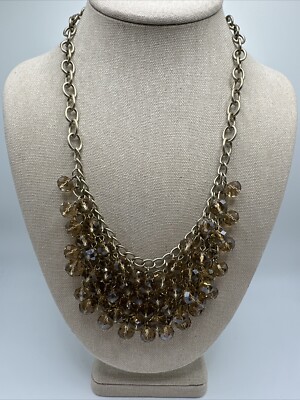 Beautiful Brushed Gold Tone Champagne Crystal Bib Statement Necklace